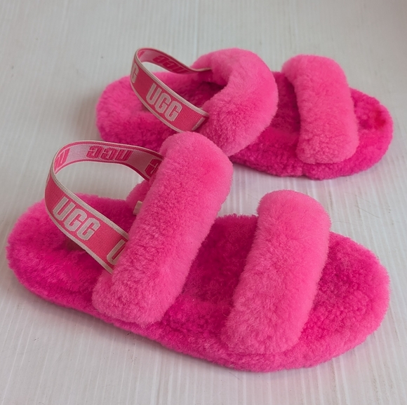UGG Oh Yeah Slide Kids Fuzzy Pink Slingback Slippers Size 4 - Picture 3 of 8